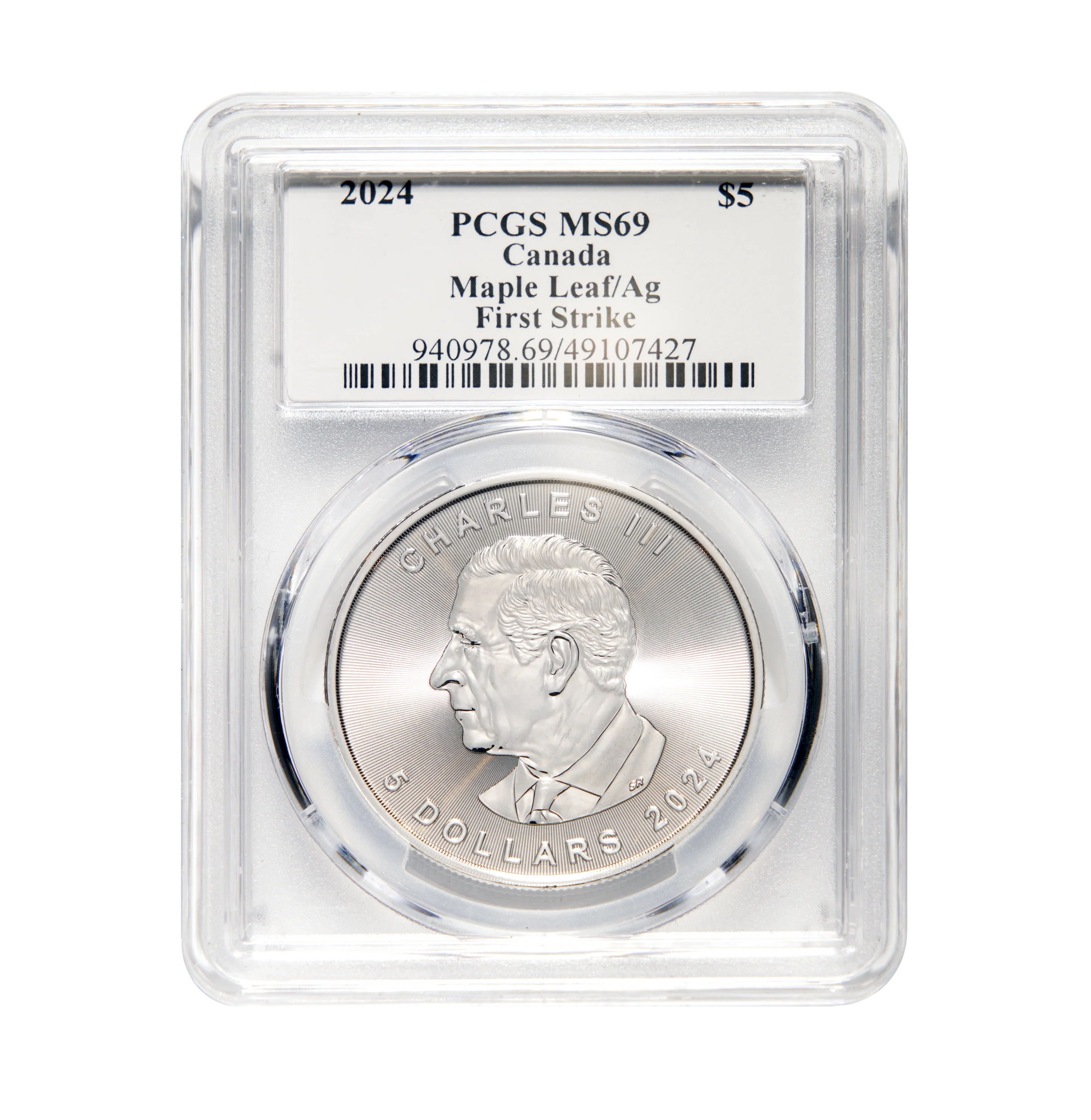 2024 Canada Maple Leaf/Ag PCGS MS69 $ 5.00 King Charles III Edition, First Strike Signed by Steven Rosati - Image 2